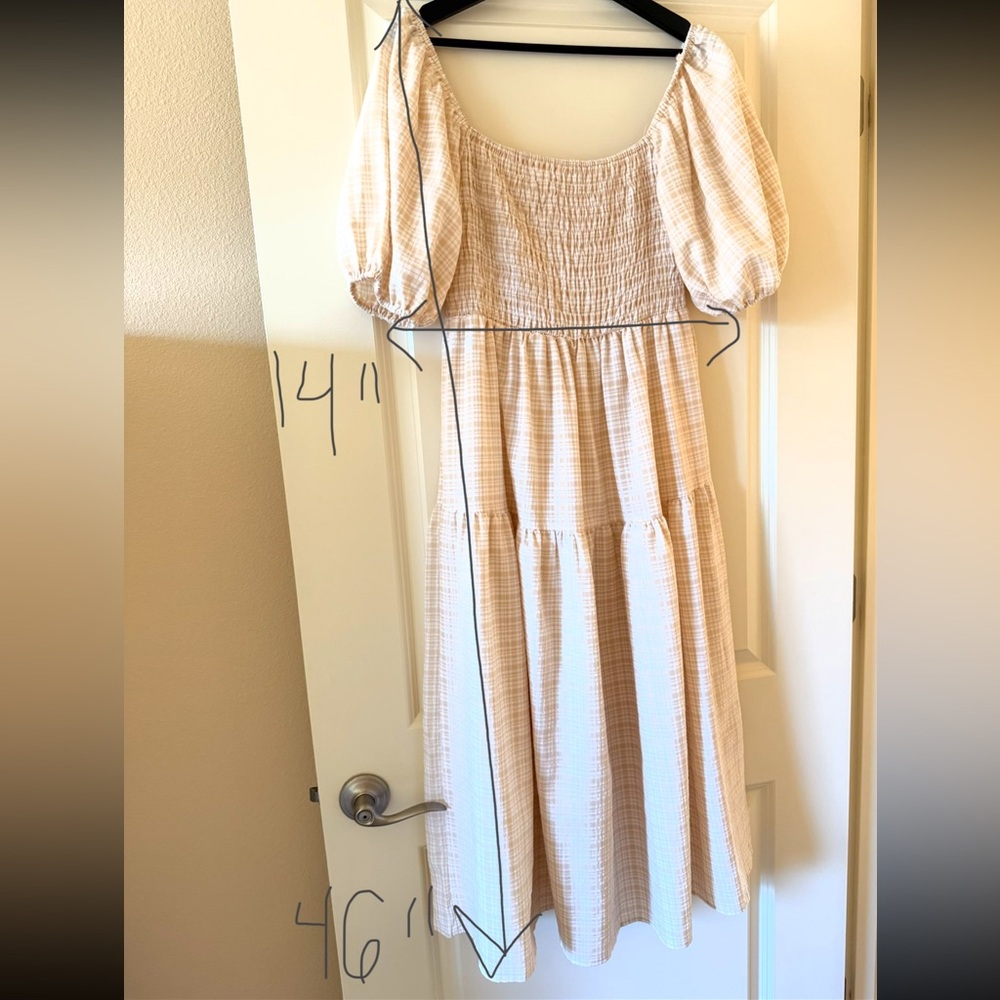 Smocked Puff Sleeve Midi Dress in Beige Plaid